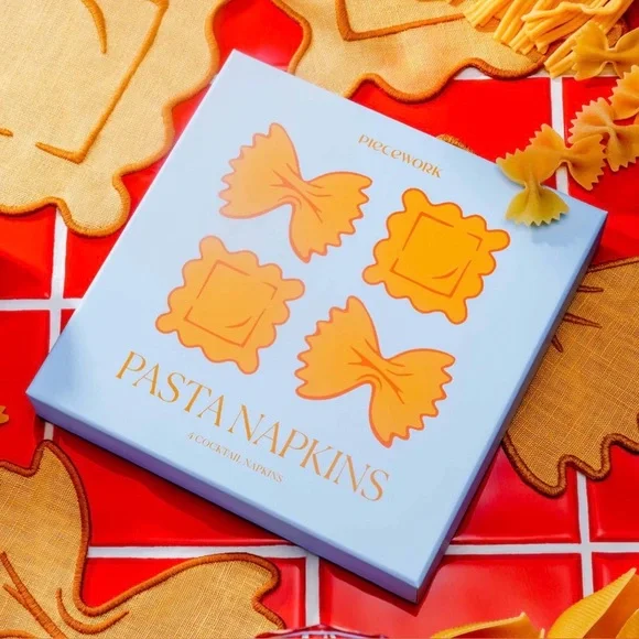 NWT SET Piecework Pasta Linen Cocktail Napkins & Crudite Tomato Vellum Coasters - Picture 2 of 10